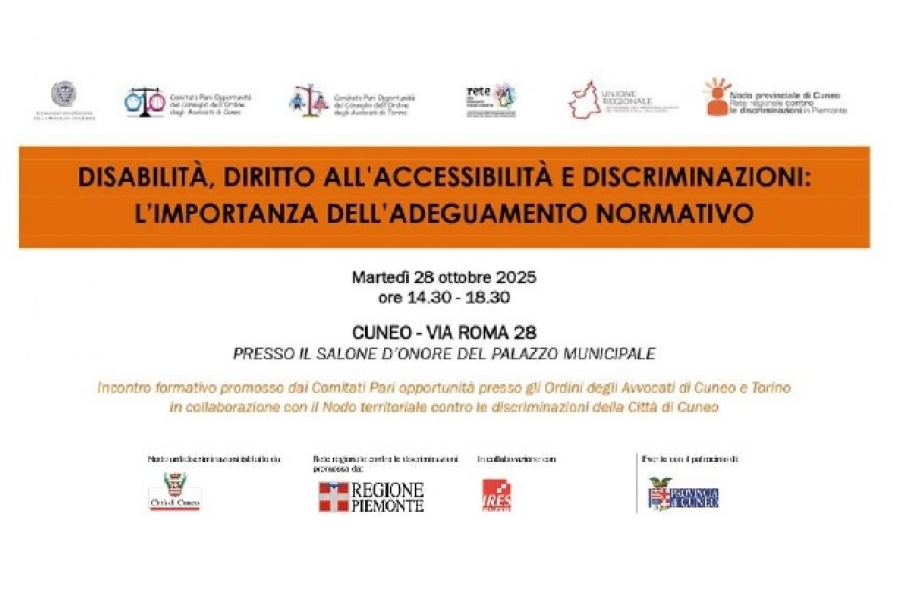 Cuneo, 28/10/25 ore 14.30-18.30: Incontro formativo su disabilità, diritto all'accessibilità e discriminazioni
