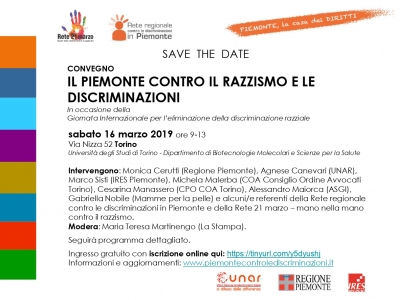 Torino, 16 marzo 2019 (ore 9-13): Convegno &quot;Il Piemonte contro il razzismo e le discriminazioni&quot;