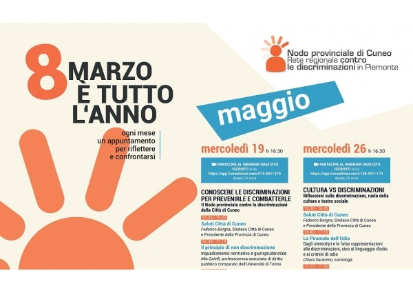 19 e 26 maggio 2021, ore 16.30-18.30: 2 webinar organizzati dal Nodo contro le discriminazioni della Città di Cuneo